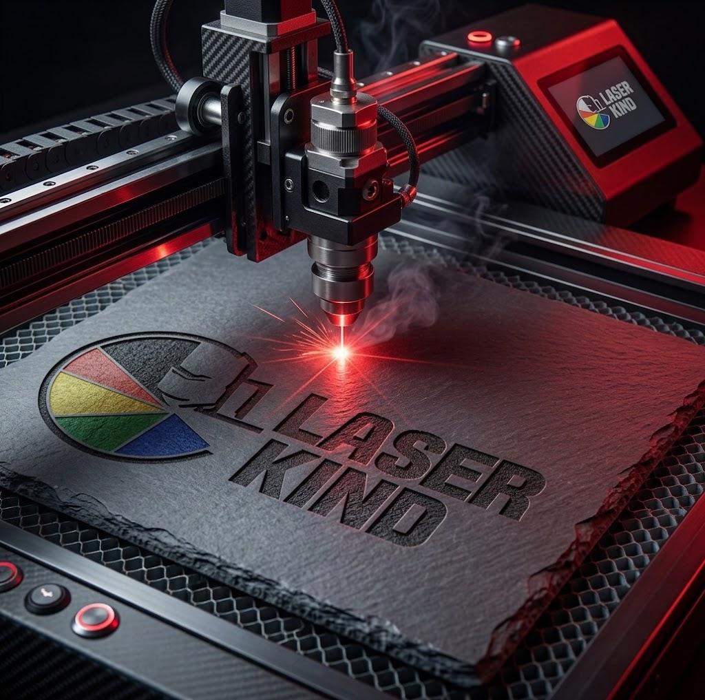 Impresora láser grabando el logo de Láser Kind